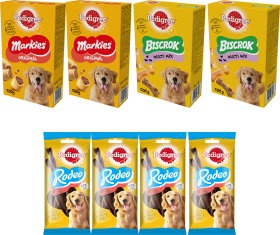 Pedigree Mix Przysmaków dla psa 4 x Rodeo 123g, 2 x Biscrok 500g i 2 x Markies 500g