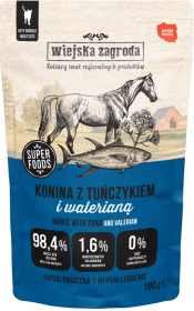 Wiejska Zagroda Mokra Karma Hipoalergiczna z koniną i tuńczykiem dla kota 100g SASZETKA