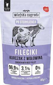 Wiejska Zagroda Cat Sterilized Karma Hipoalergiczna Fileciki z kurczakiem i wołowiną dla kota 85g SASZETKA