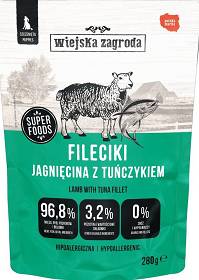 Wiejska Zagroda Karma Hipoalergiczna Fileciki z jagnięciną i tuńczykiem dla szczeniaka 280g SASZETKA