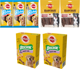 Pedigree Mix Przysmaków dla psa 2 x Ranchos 70g, 2 x Biscrok 500g i 3 x Rodeo 123g