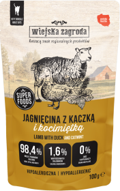 Wiejska Zagroda Mokra Karma Hipoalergiczna z jagnięciną i kaczką dla kota 100g SASZETKA