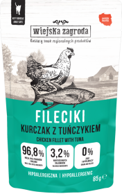 Wiejska Zagroda Karma Hipoalergiczna z kurczakiem i tuńczykiem dla kota 85g SASZETKA