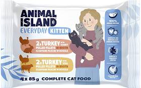 Animal Island Everyday Kitten Turkey with Rabbit & Turkey with Veal in Broth Karma z indykiem, królikiem i cielęciną w rosole dla kociąt 4x85g